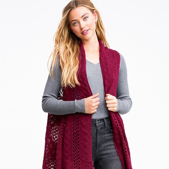 Burgundy Red Crochet Knit Boho Open Front Cardigan - Picture 4 of 7